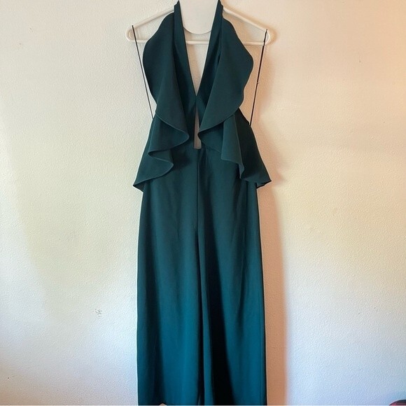 Zara Emerald Green Ruffle Detail Backless Halter Top Jumpsuit- Size Small - Picture 4 of 7